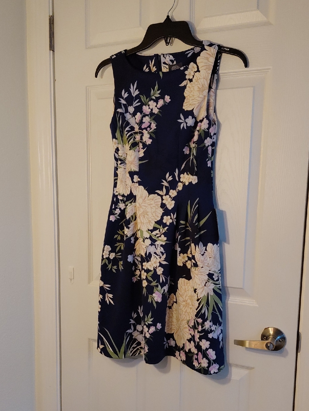 Vince Camuto Navy Floral Sleeveless Dress with Cream & Green Accents